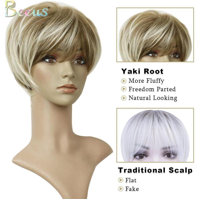 Blonde Pixie Cut Wigs for Women Fluffy Layer Lowlight With Root Stretch Synthetic Hair Pixie Wig with Bangs for Women Replacement Wig Daily Wear(Ash Blonde) 3