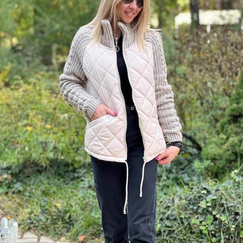 Women Stand Collar Fashion Knitted Stitching Jacket Womenswear coat solid minimalist Fabric Knitwear Army Check Garment Hoodie 8