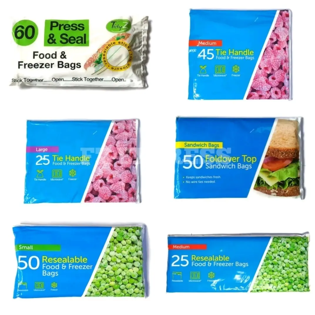 Large Medium Small Resealable Zip Lock Food Fridge Freezer Bags with Tie Handle - Kitchen Containers