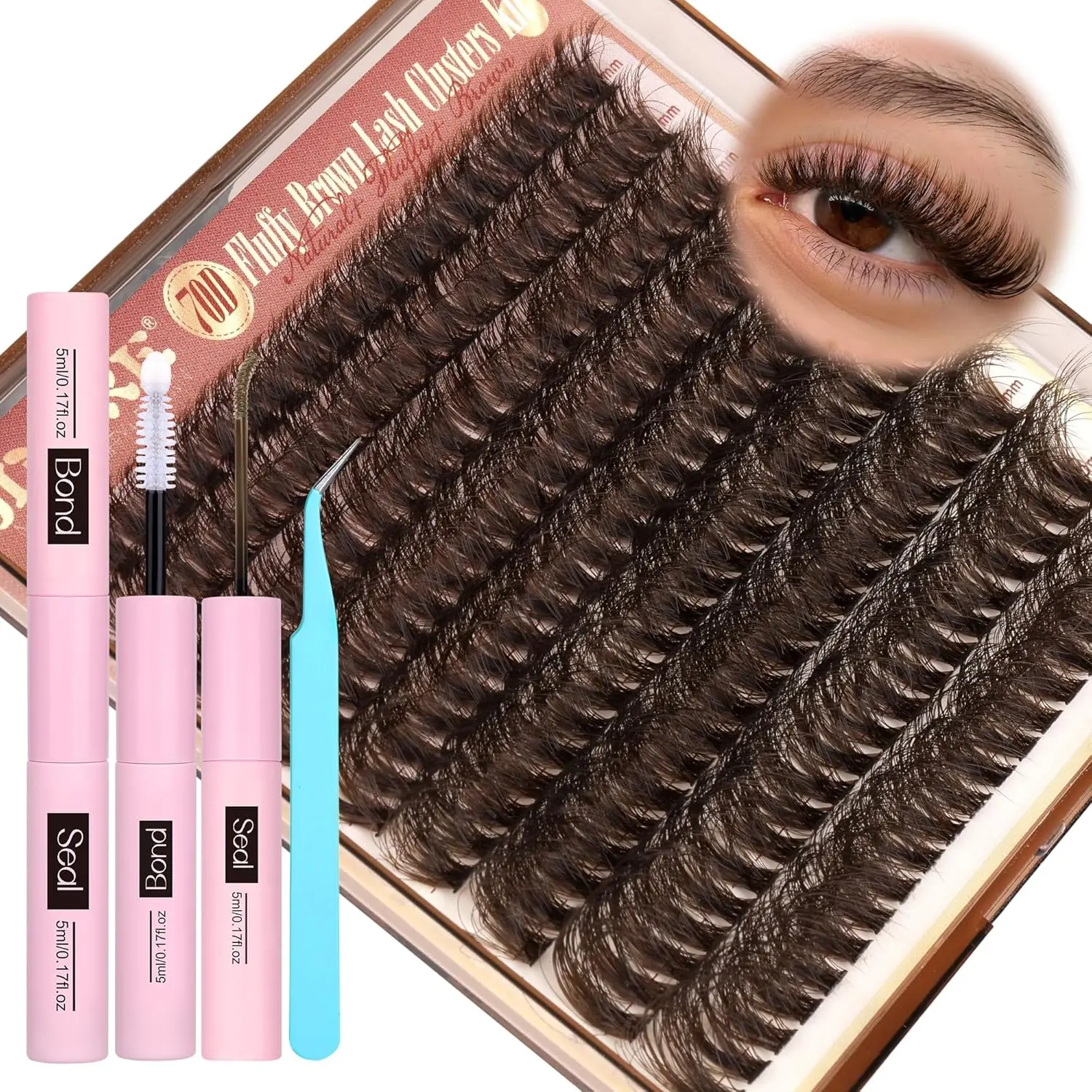 JIMIRE Brown Cluster Lashes Natural Brown Individual Eyelashes Kit Wispy Fluffy Eyelash Extension Kit with Glue Brown Bond and Seal Brown Individual Lashes...
