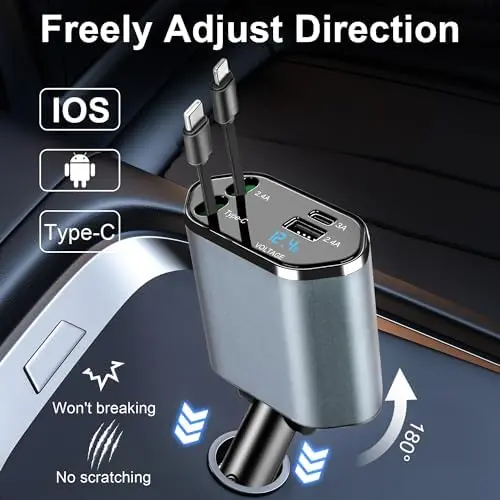 4 in 1 Retractable Car Charger, Type-C Cable Fast Charging Up To 66W, Car Phone Charger with Voltage Display for iPhone 15/14/13/12 Pro Max, iPad, Samsung, Electronic 2