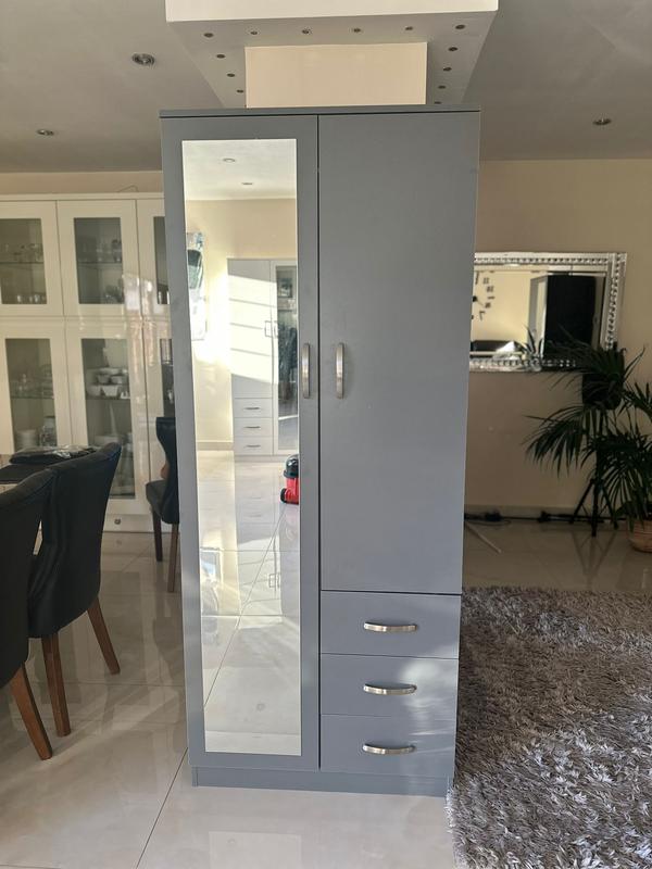 PALAKLOT 2 Door 3 Drawer Full-length Mirror Wardrobe | Modular Cabinet for Space Saving | Ideal Storage Organizer (Grey) 1
