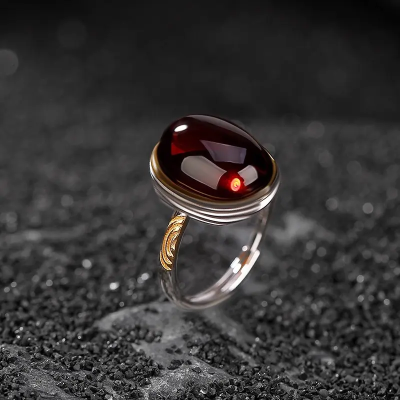 S990 Sterling Silver Gold-Plated Blood Amber Vintage Ring/ Birthday/ Wedding/ Aniversary/ Friendship gift