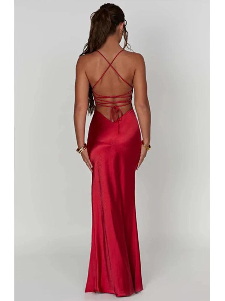 Product Introduction of Bandage Backless Elegant Dress Split Hem Spaghetti Strap Slim Cocktail Party Club Fashion Satin Solid Lace-Up Long Dresses 15