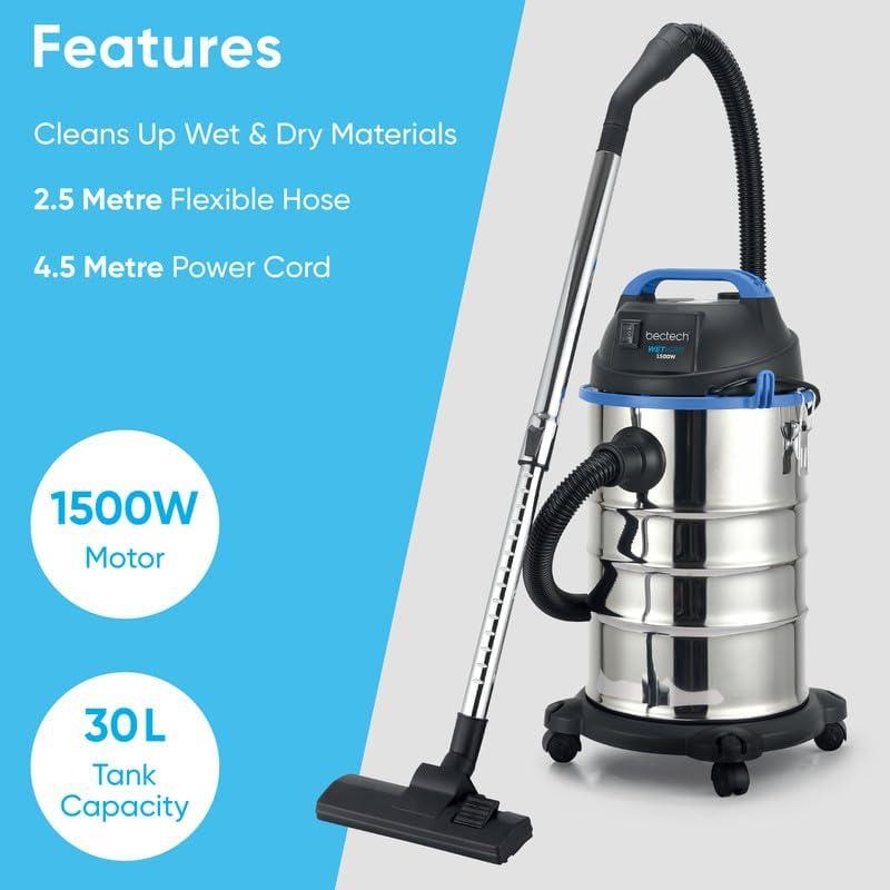 1500W Wet and Dry Vacuum Carpet Cleaner 30 Litre Stainless Steel 4 Castor Wheels 1