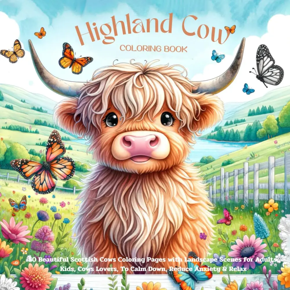 Highland Cow Coloring Book: 50 Beautiful Scottish Cows Coloring Pages with Landscape Scenes for Adults, Kids, Cows Lovers, To Calm Down
