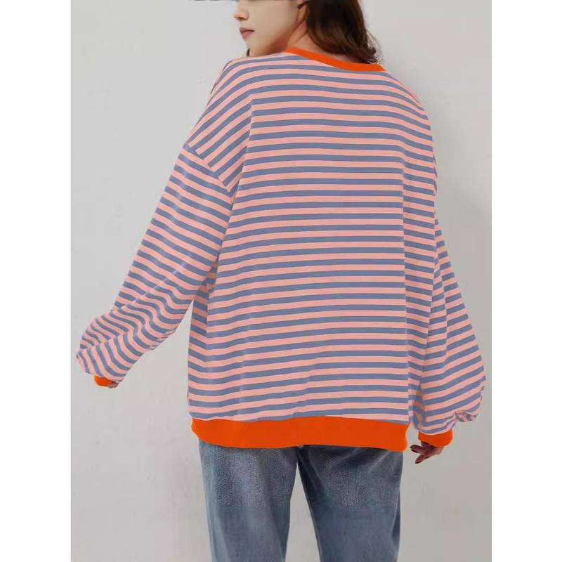 Women's Colorblock Striped Print Contrast Binding Drop Shoulder Sweatshirt, Casual Long Sleeve Round Neck Pullover for Fall & Winter, Ladies Clothes for Daily Wear, Tops for Women Womenswear Hoodie Bridal Comfort Crewneck Baggy Loose 1