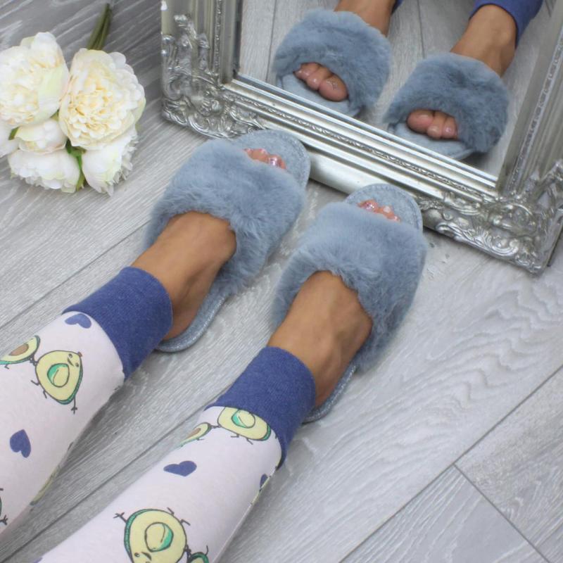 Womens ladies fluffy indoor memory foam washable peep toe slippers slides size  - V4115 5