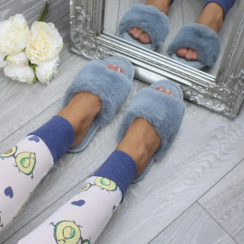 Womens ladies fluffy indoor memory foam washable peep toe slippers slides size  - V4115 5