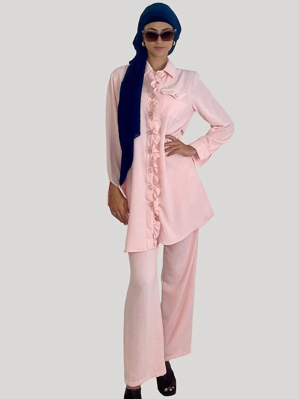 Frill Hem Blouse And Wide Leg Trousers Crinkled Coord Set Comfortable Boho Womenswear