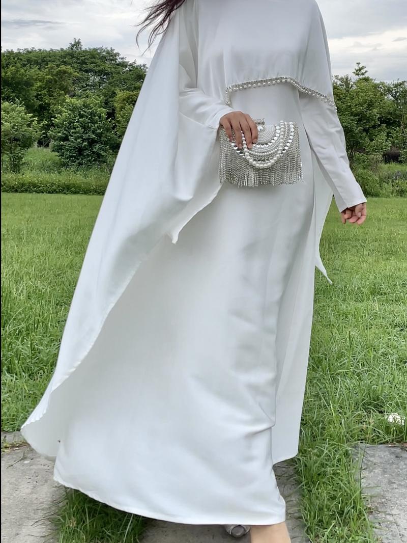 Product Introduction of 2025 Ramadan Promotion Two- piece Satin cape elegant dress , occasion abaya , Modest dress with pearl and crystal 29
