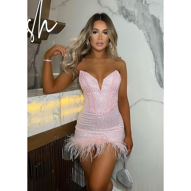 Princess Vibes Sequin Feather Mini Dress - Pink 0