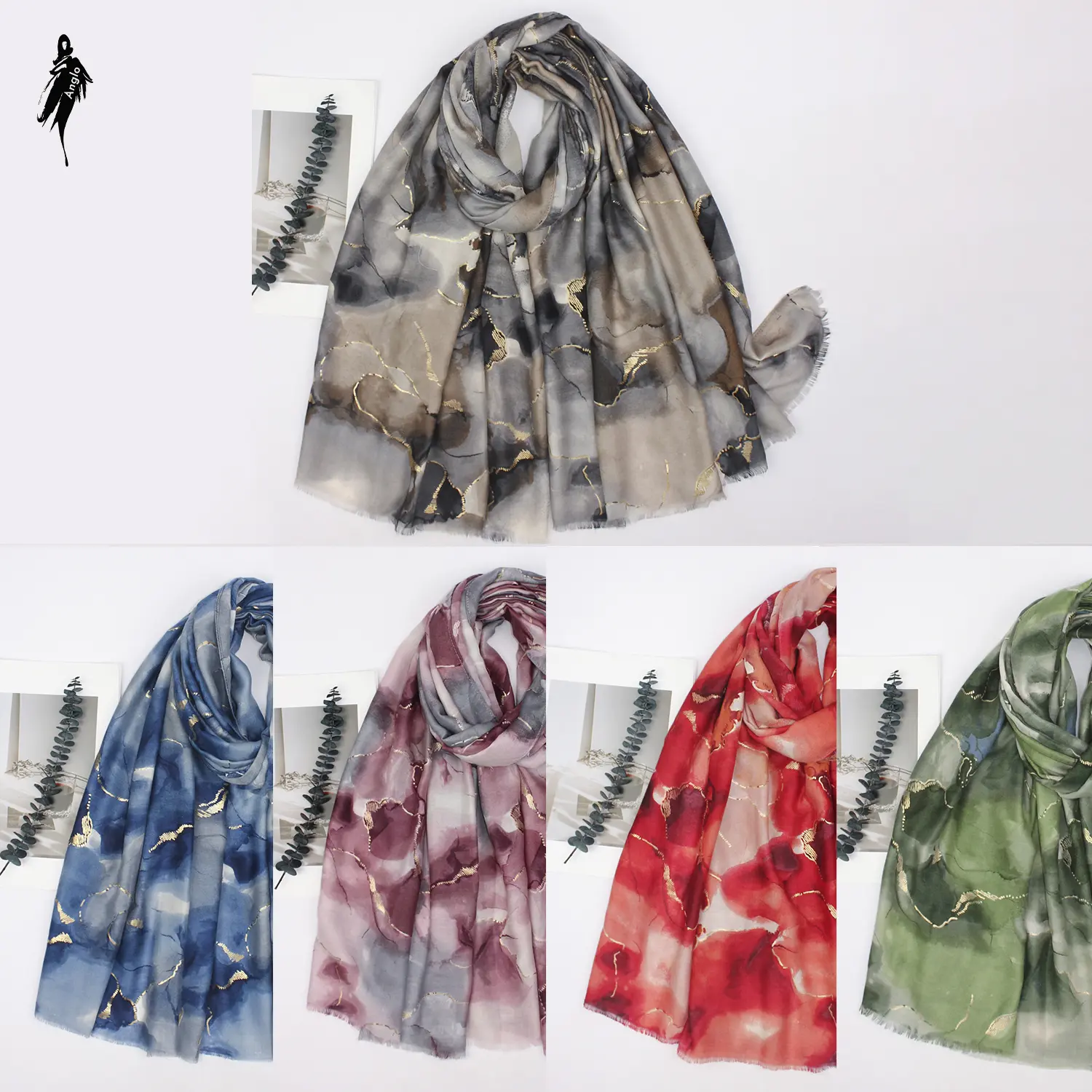 Watercolor Northern Lights with Gold  scarf-- 90cm x 180cm 50% Cotton 50% Viscose