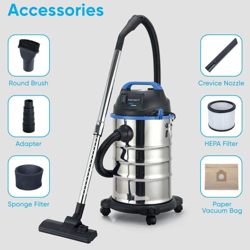 1500W Wet and Dry Vacuum Carpet Cleaner 30 Litre Stainless Steel 4 Castor Wheels 0
