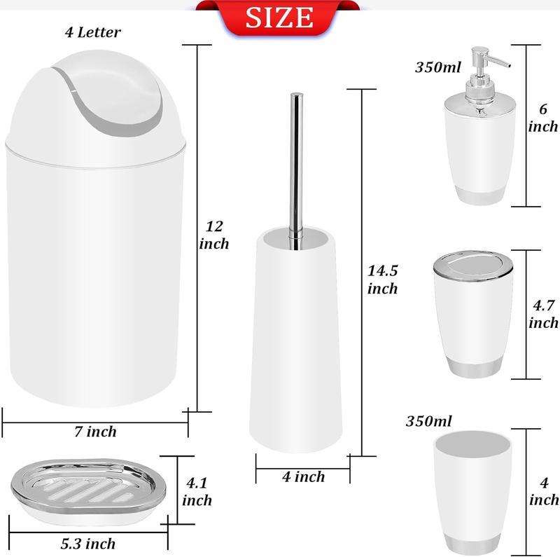 6PCS Bathroom Accessory Set - Waste Bin, Soap Dish, Soap Dispenser, Toilet Brush & Holder, Tooth Brush Holder, Rinse Cup - 4L Capacity 2