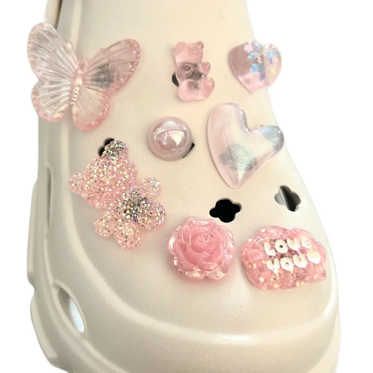 Pink glittery Croc charms shoe charms pearls bears flowers jibbitz for your shoe accessories Footwear Colorful jib bitz