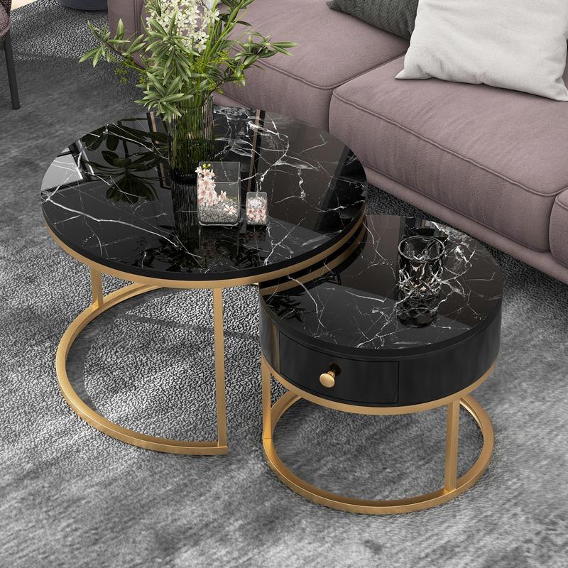 2024 High Quanlity 2-in-1 round MDF coffee table with 1 high-gloss table top and 1 side table with brown tempered glass tabletop, living room coffee table set with 2 drawers, 70*70*45 + 50*50*40 cm Modern Furniture Coffee Table for Living Room 0