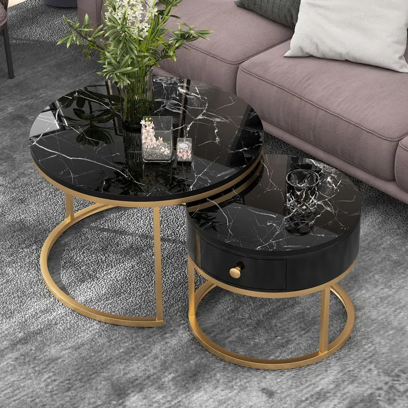 2024 High Quanlity 2-in-1 round MDF coffee table with 1 high-gloss table top and 1 side table with brown tempered glass tabletop, living room coffee table set with 2 drawers, 70*70*45 + 50*50*40 cm Modern Furniture Coffee Table for Living Room 0