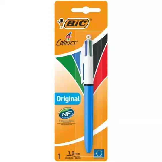 BIC 4 Colours Original Ball Pen x1 - Blue, Black, Red and Green Ink, Refillable Cartridges, NF Environnement Eco-label School Office Kids Adults