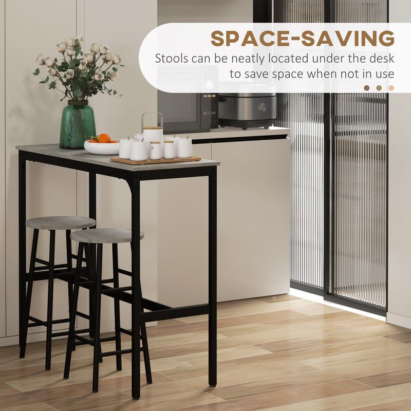 HOMCOM 3 Piece Bar Table Set with 2 Stools, Industrial Bar Table and Stool Set, Dining Table and Chair Set for Small Space, Grey 4