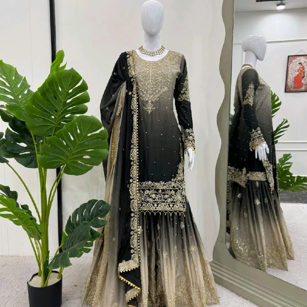 Heavy 3 peice Ombre Fade Sharara suit in Black and beige