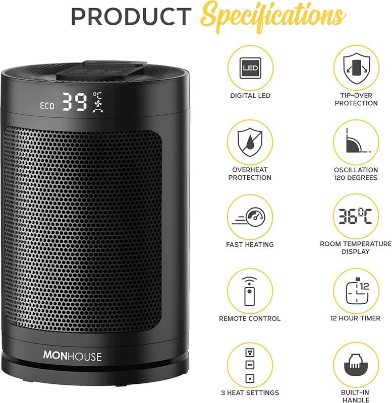 MONHOUSE Electric Heater - Energy Efficient PTC Ceramic, Silent Portable Heater with LED Display, Remote Control, Overheat Protection, Smart Thermostat, 1-12HR Timer - Ideal for Office, Home, Bedroom 1