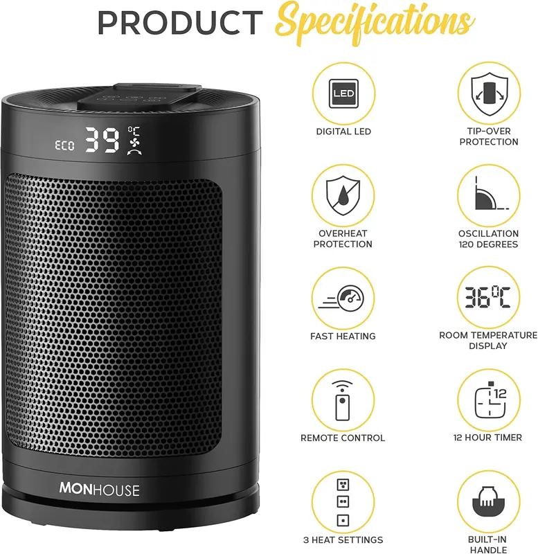 MONHOUSE Electric Heater - Energy Efficient PTC Ceramic, Silent Portable Heater with LED Display, Remote Control, Overheat Protection, Smart Thermostat, 1-12HR Timer - Ideal for Office, Home, Bedroom 1