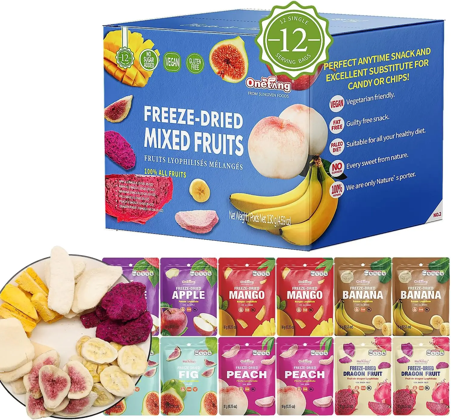 ONETANG Freeze-Dried Mixed Fruit | 12 Pack Single-Serve | Non-GMO, Kosher, No Added Sugar, Gluten-Free, Vegan
