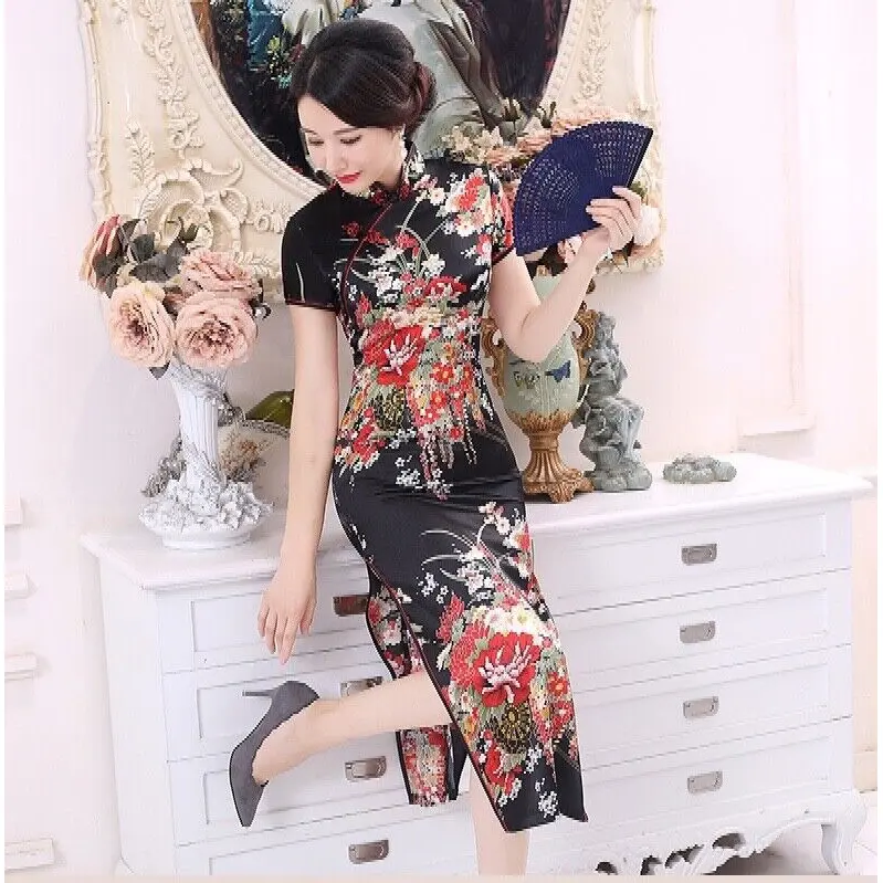 New Luxurious Black Satin Floral Chinese Long Dress Cheongsam Qipao lcdress195 4