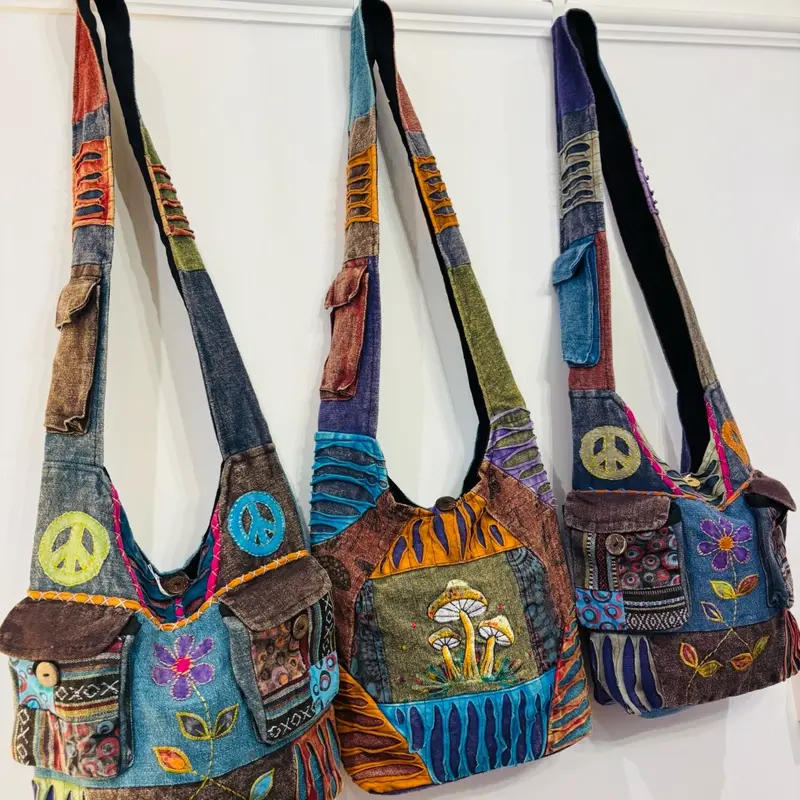 Hippie Crossbody, Boho Cotton Embroidered Bag with Zip Closure 2