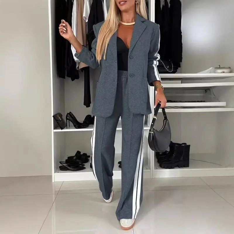 Autumn And Winter New Long Sleeves Suit Women's Suit Fashion Pimp Stitching Pants Pocket Female Office Blazer 2 Piece Set 2024 3