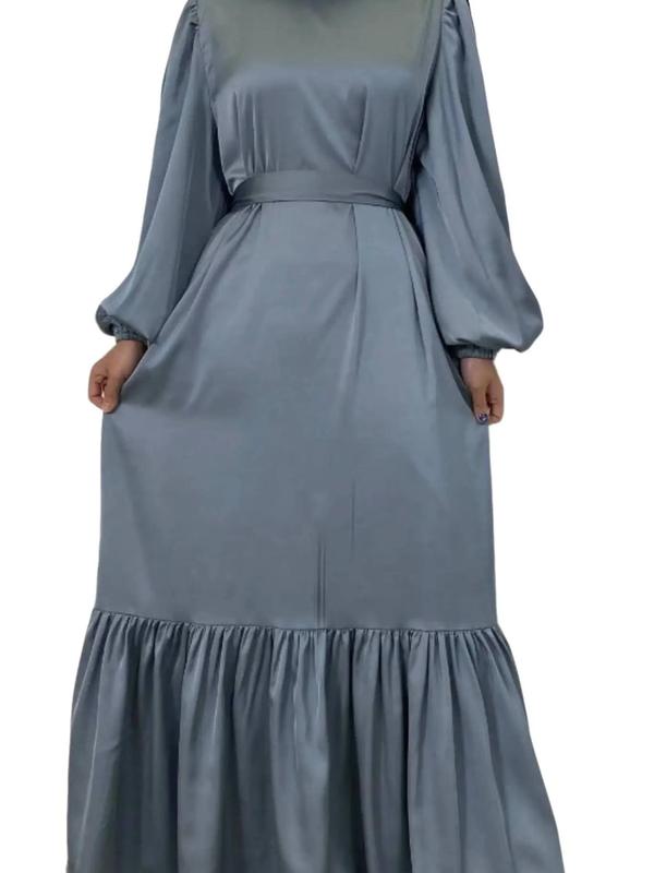 Closed Satin Abaya with Frill - perfect for Eid or Iftari. Muslim Abaya, Maxi Dress with Belt 5