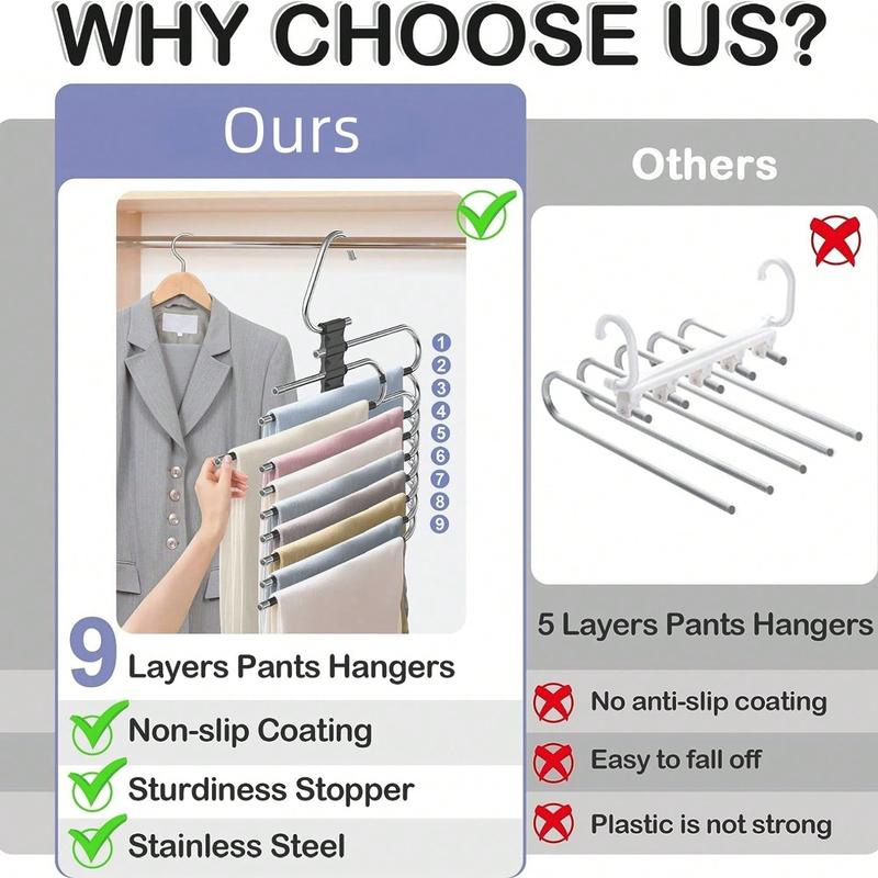 9 Layers Pants Hangers Space Saving, 2 Pack Multifunctional Pant Rack Stainless Steel Closet Organizer For Pants Jeans Leggings Trousers Room Decor Home Decor Fall Decor Bedroom Decor 3