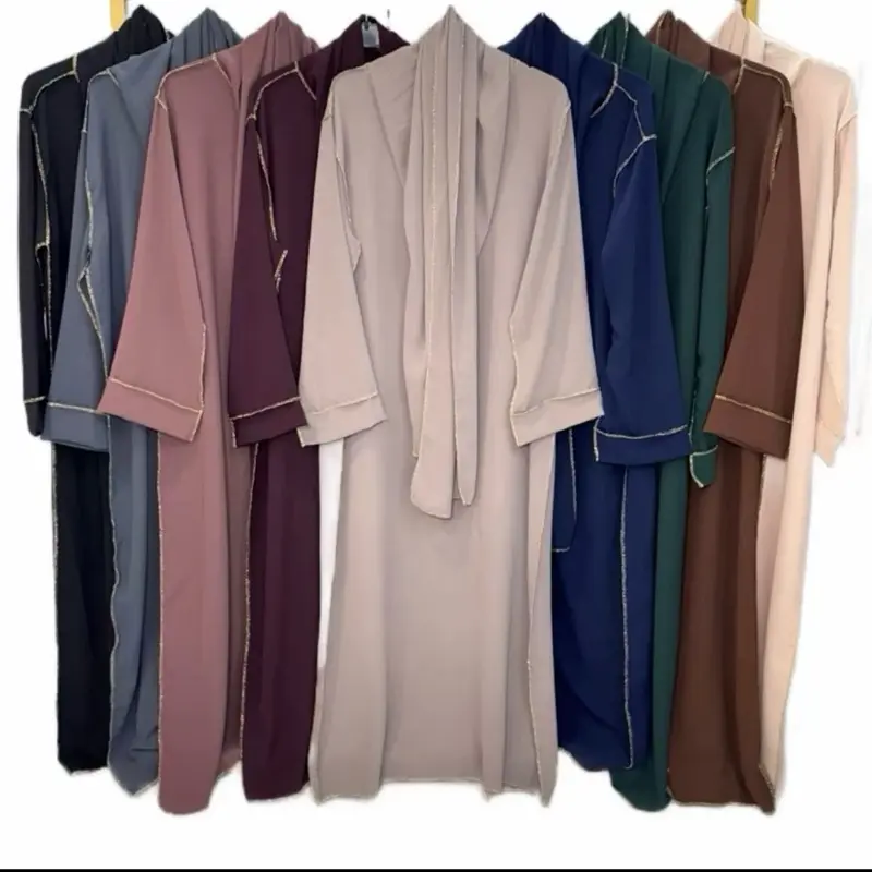 Ladies Gold Trim Long Abayas Soft Touch with Attached Scarf - Perfect for Islamic Fashion 56" Standard Size