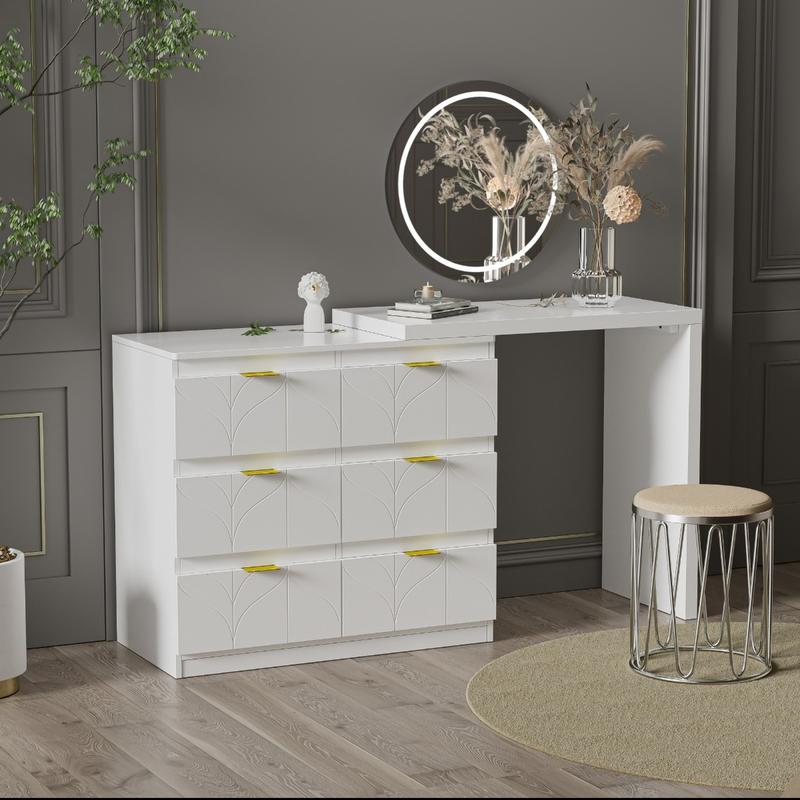Product Introduction of Dressing Table with Side Table, Bedroom Dressing Tables, Office Table with 6 Drawers, Gold-Plated Handles, Rotating Table Top (180°), Floral Pattern, Shock-Resistant Rounded Corners, White (Without Mirror and Stool) 16