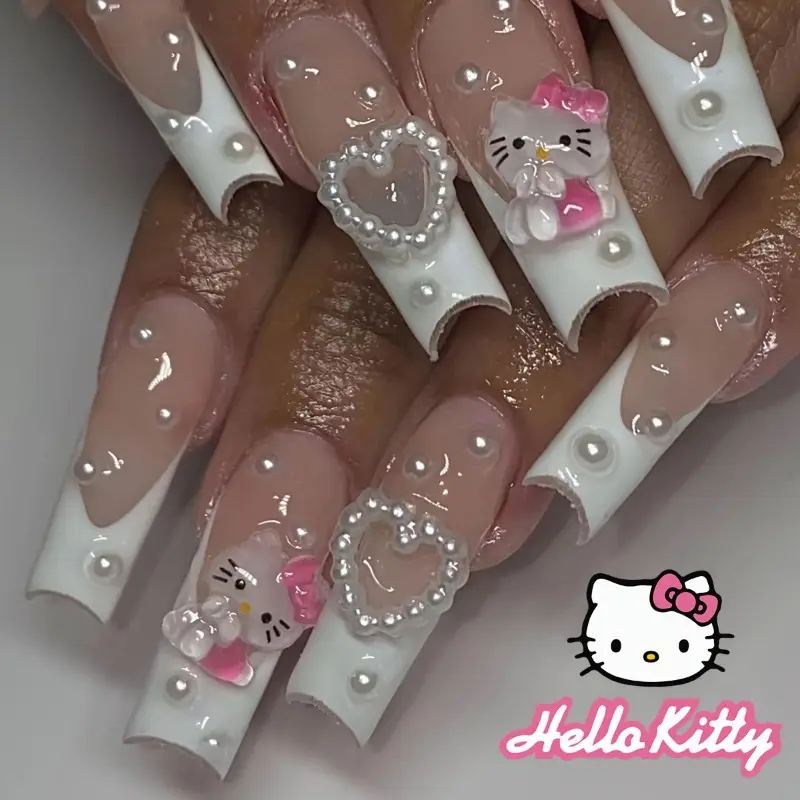 24pcs Medium and Long Square Nail Stickers Sanrio Cute Style White French Three-dimensional Cute HelloKitty 0