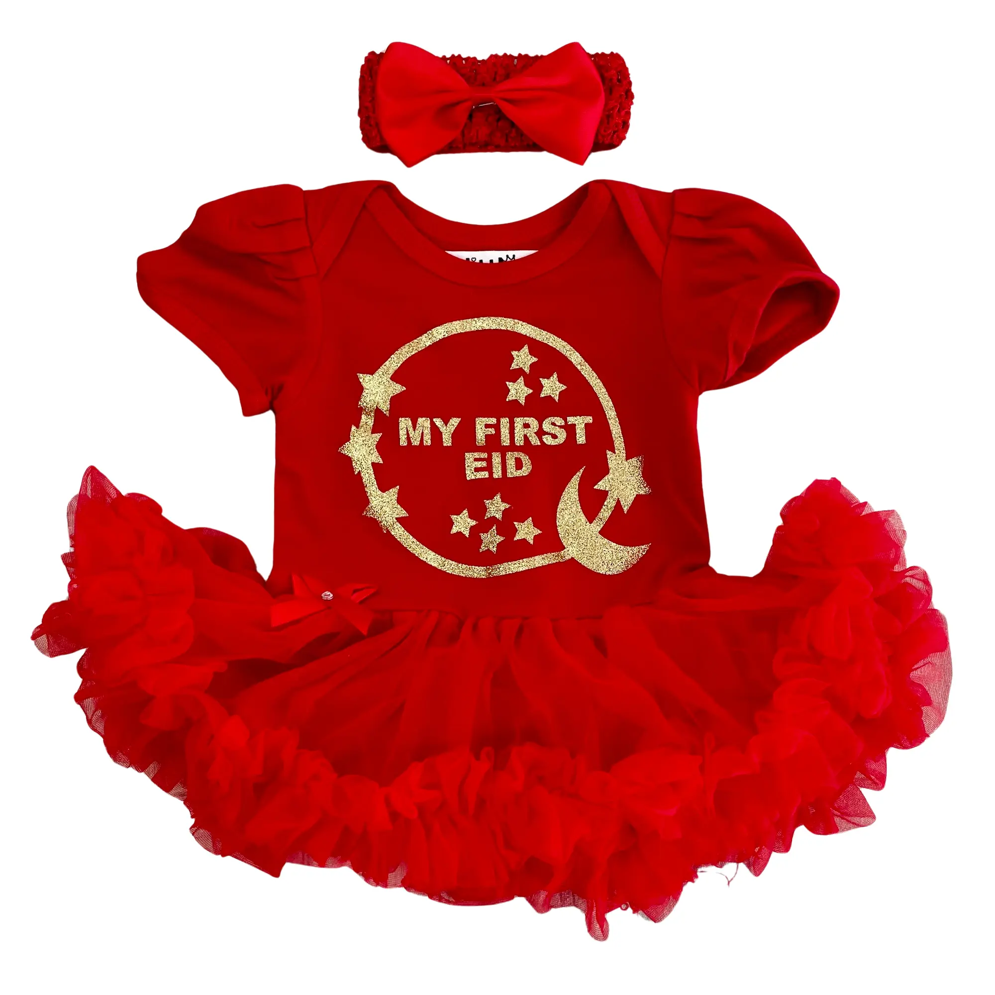 Newborn Baby Girls My First Eid Tutu Romper with Headband, Gold Glitter