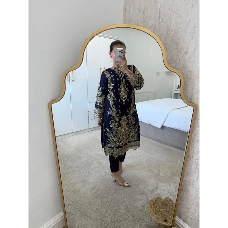 Navy Elegance - chiffon embroidered shirt and duppata with trouser. 4