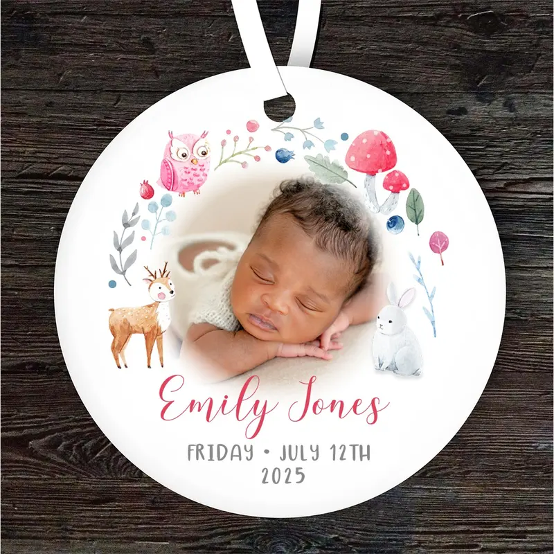 New Baby Girl Animal Photo Round Personalised Gift Keepsake Hanging Ornament - Custom Cute Gift, Trinket, Keepsake, Small Gift, Décor 0