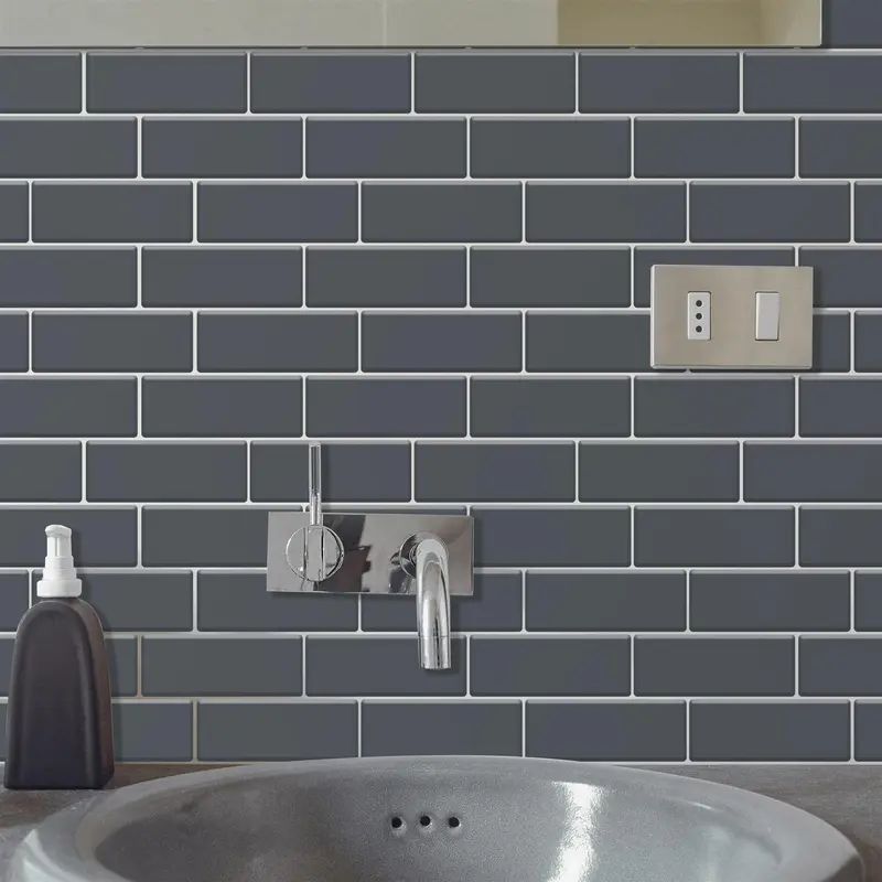 WALPLUS Dark Grey Glossy 3D Tile Stickers - Easy Peel and Stick Backsplash for Kitchen and Bathroom, Water and Heat Resistant, 6pcs 12 Inch 1