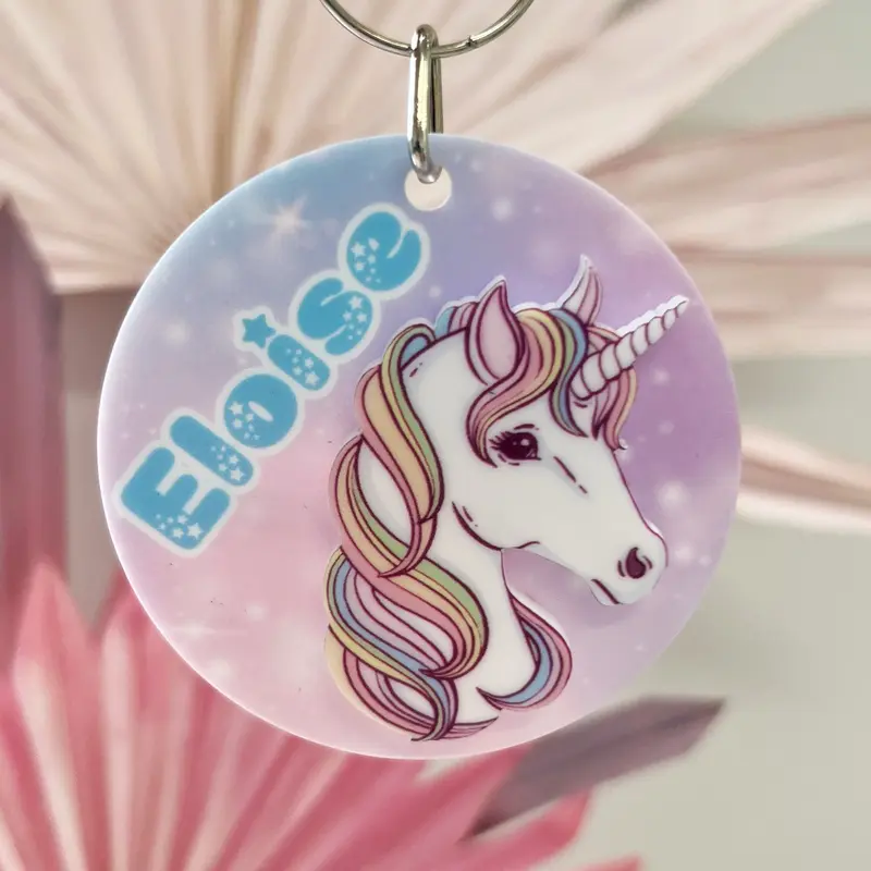 Children's Personalised Acrylic UV Printed Bag Tag - Unicorn Design 0