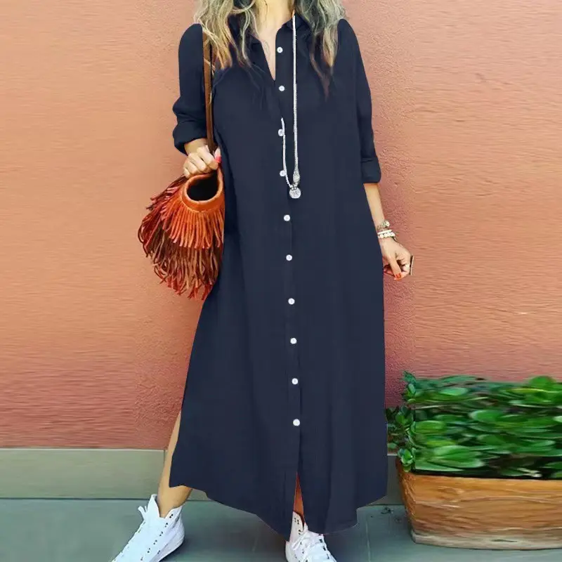 Plus Size button front dress, casual collared long sleeve dress, Womenswear Comfortable Elegant Style Lady Casual Wear Summer 2