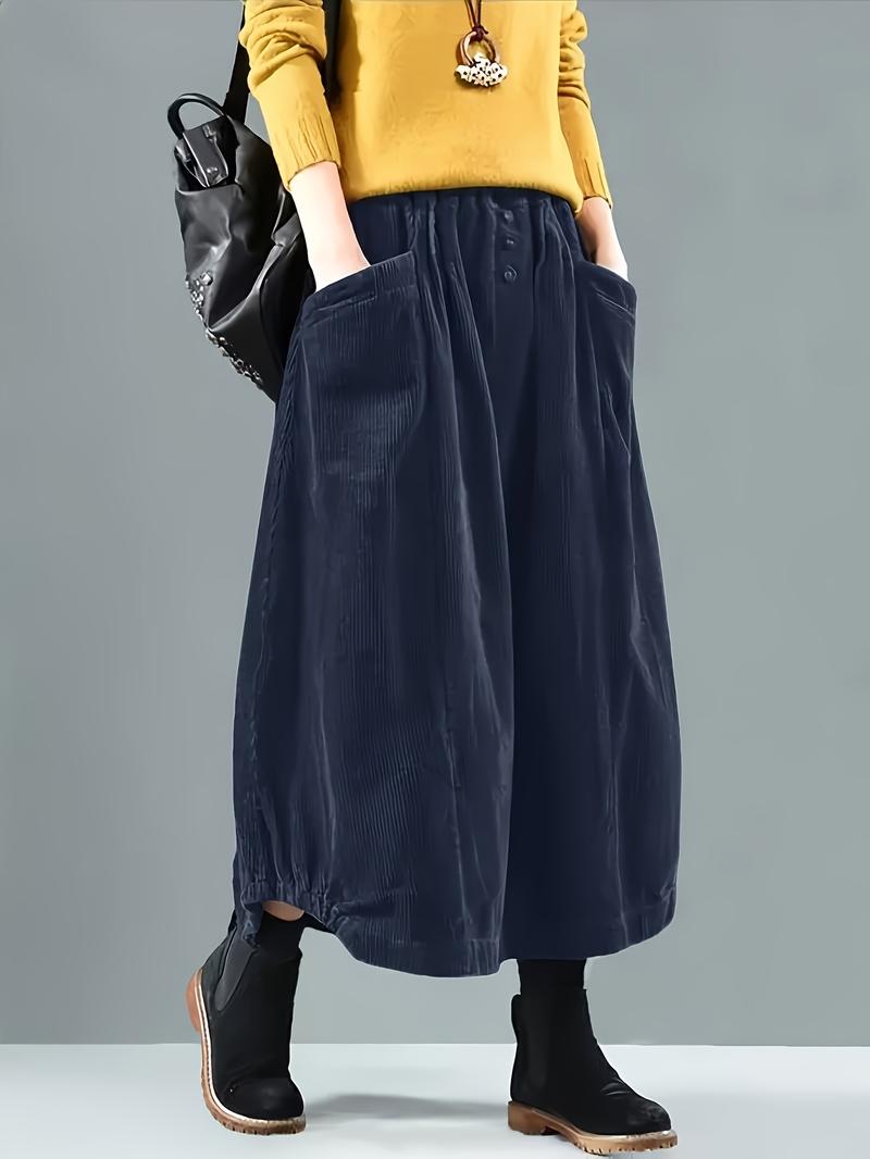 Product Introduction of Button Detail Elastic Waist Skirt, Casual Dual Pockets Cocoon Skirt For Spring & Fall, Women's Clothing Womenswear Bottom 6