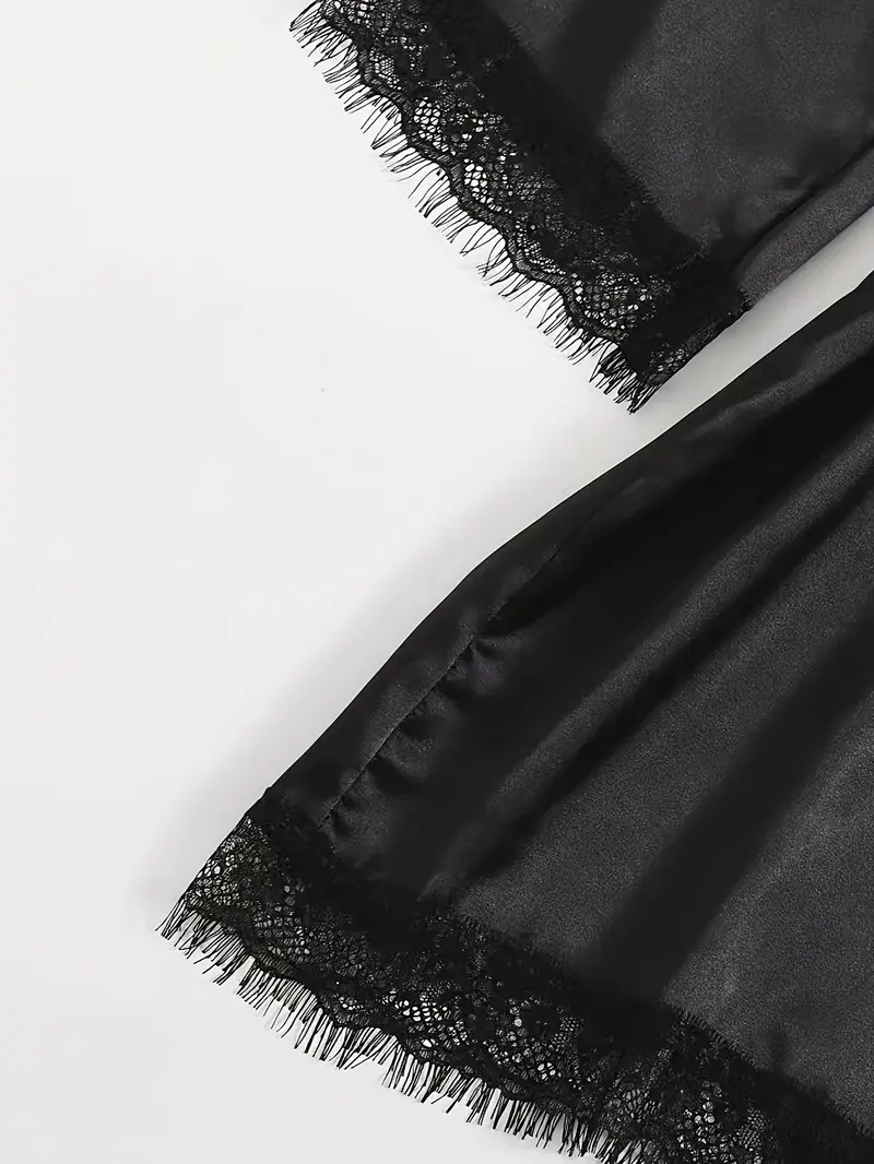 Product Introduction of Elegant Satin Breasted Set With Lace Contrast, Three-Quarter Sleeve Gown With Belt And Camisole Bra And Trousers And Elastic Shorts, Home Wear For Women Womenswear Lingerie 6