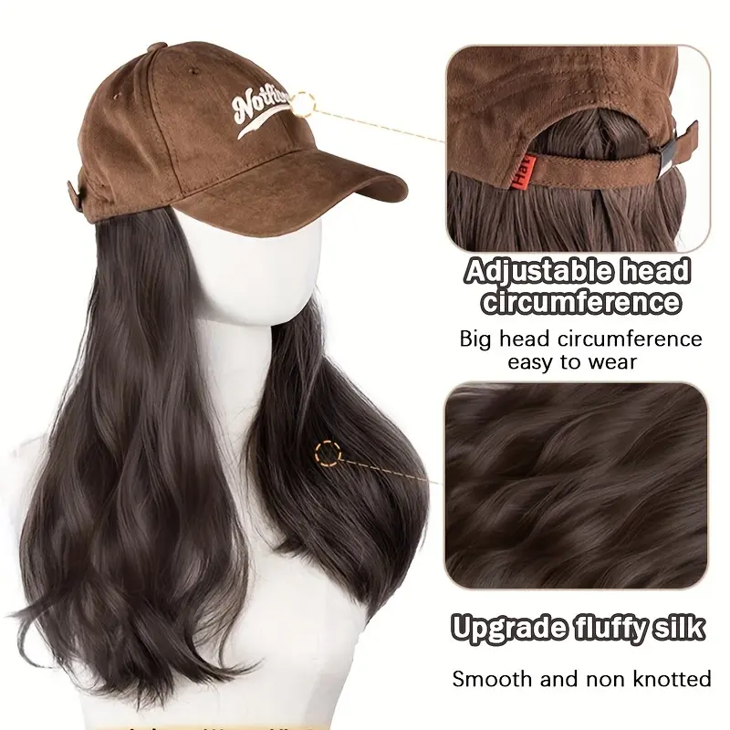 Chic Coffee-Colored Baseball Cap Wig with Body Wave - Synthetic Fiber, Perfect for Halloween & Christmas Parties 6