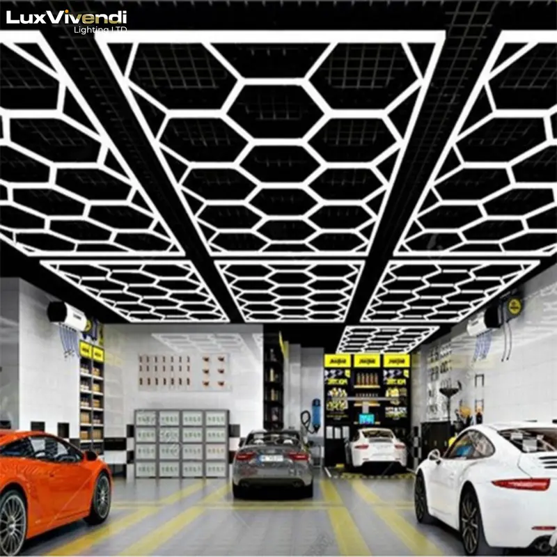 LuxVivend-Hexagon garage Light 6500K 680W 14grid Workshop Autoshop with White Border for Gym Garage Basement Warehouse Car Detailing Shop 7