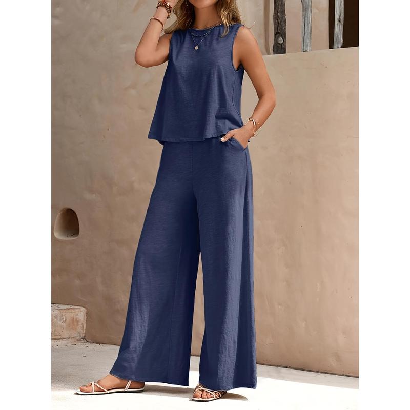 Solid Elegant Two-piece Set, Sleeveless Tank Top & Wide Leg Loose Pants Outfits, Women's Clothing 5