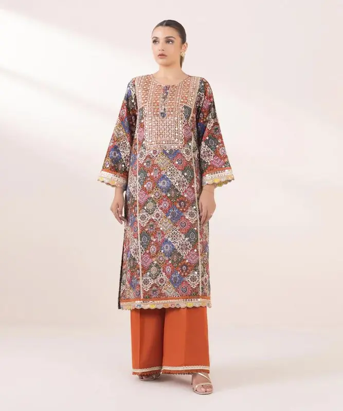 SAPPHIRE ORIGINAL slub Khaddar Shirt & Farshi Plazo Set - Multicoloured Tilla & Sequin Embroidery - Casual, Fit 3
