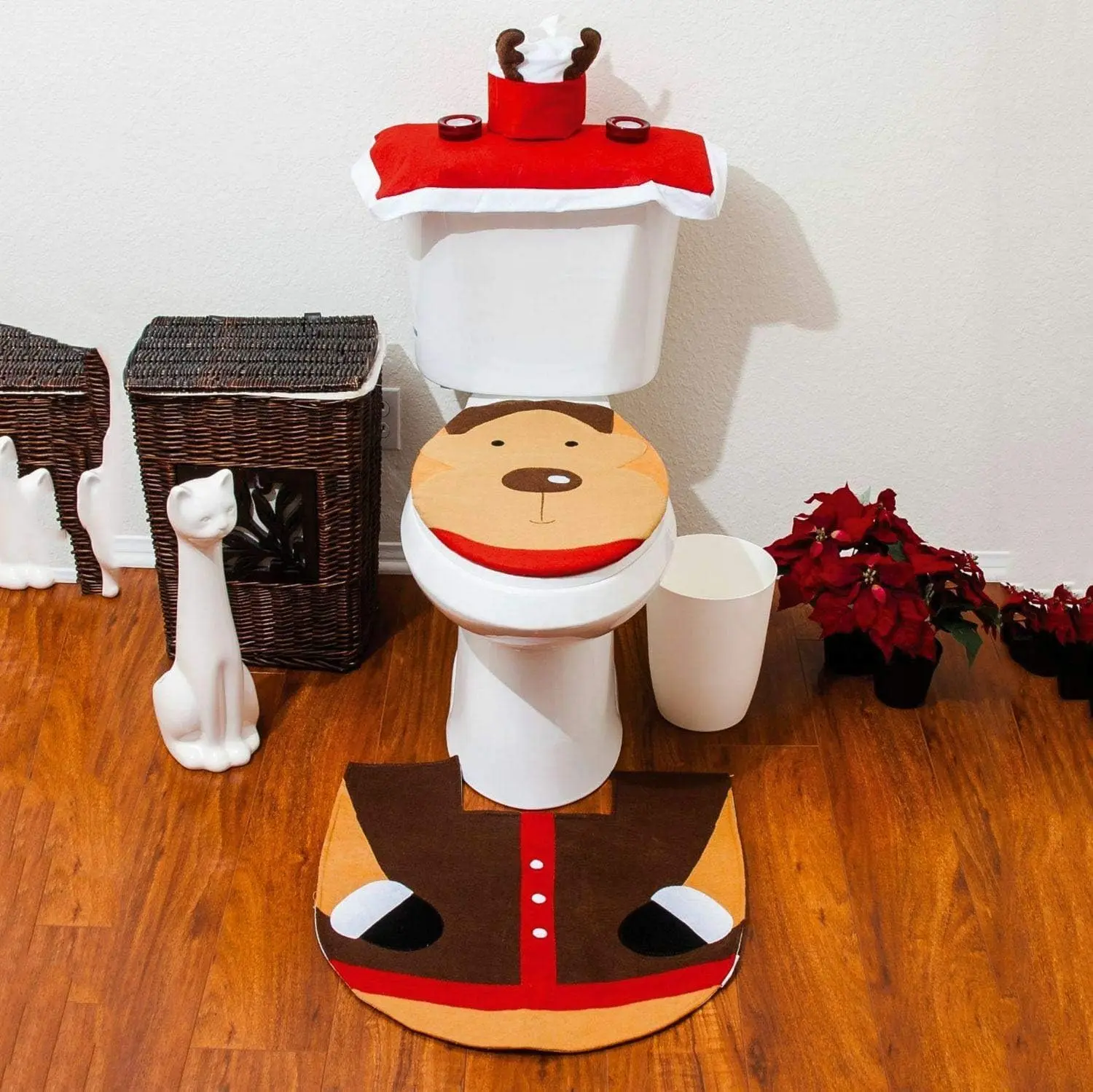 3 Piece Reindeer Toilet Seat Cover Mat Set Christmas Bathroom Decorations Xmas