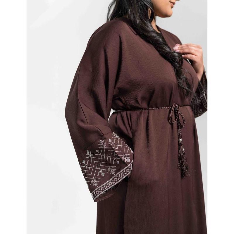 Open Brown Abaya with White Embroidery 4